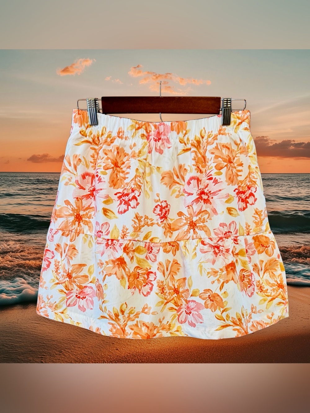 Hippie Rose White Mini Skirt with Orange Floral Print size Large
